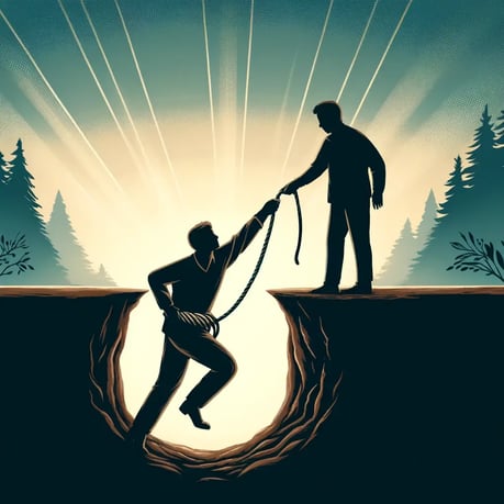 DALL·E 2024-06-11 08.37.41 - A simple yet impactful illustration showing a man (John) being helped out of a deep, dark hole by another man (Sam) who is standing at the edge of the